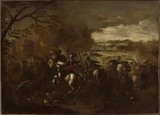 A battle scene, by Francesco Simonini, oil, 1729