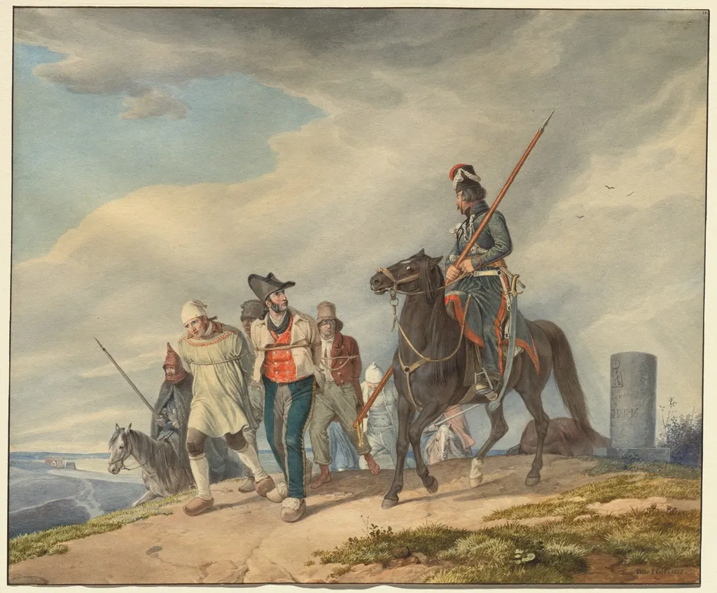 Three Armed Riders Escorting Prisoners near Reims, by Peter von Hess, gouache, 1825
