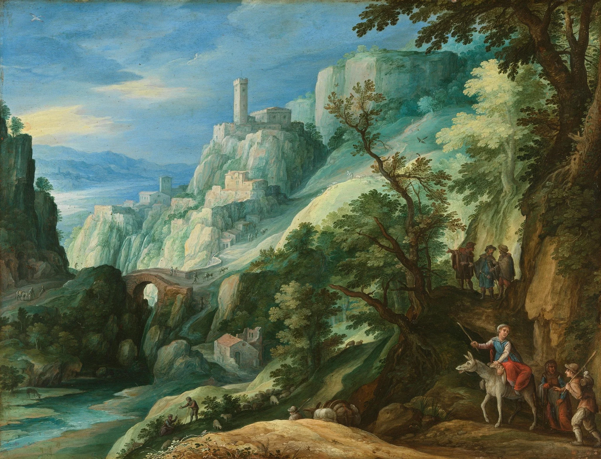 Italienische Gebirgslandschaft mit Gang nach Emmaus, detail