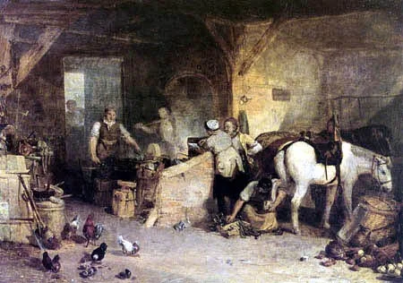 Depiction of blacksmith debating price of iron., detail