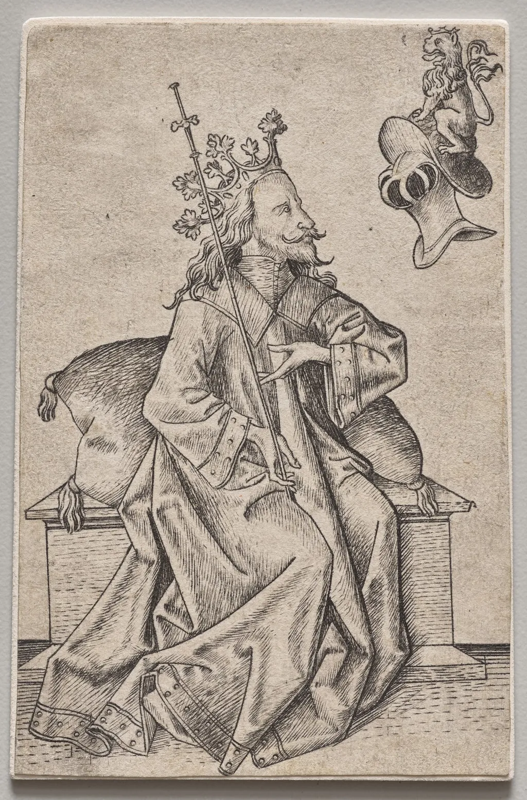 The Small Playing Cards:  Second Suit:  Helmets:  Playing Card with King and Helmet, by Master E.S., 1458