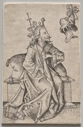 The Small Playing Cards:  Second Suit:  Helmets:  Playing Card with King and Helmet, by Master E.S., 1458