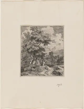 Shepherd with Cow and Two Sheep, by Joachim Franz Beich, ink, 1712