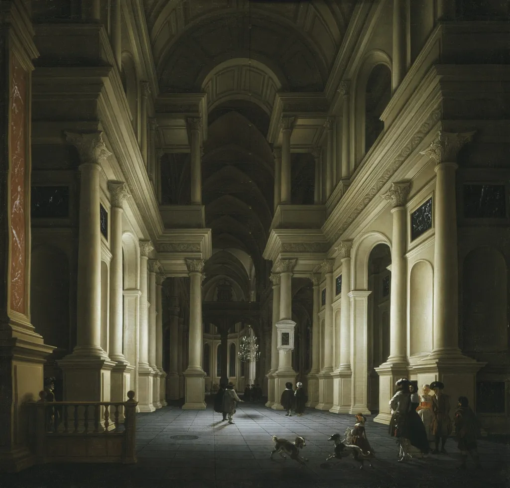 Interior of a Church at Night, by Anthonie de Lorme, unspecified, 1660