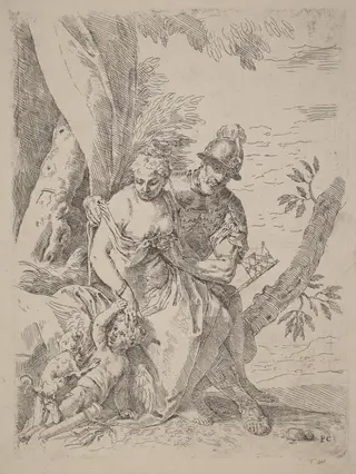 Mars, Venus and Cupid, by Simone Cantarini, ink, 1630