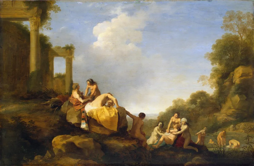 Landscape with Diana and Callisto, by Cornelius van Poelenburgh, oil, 1650