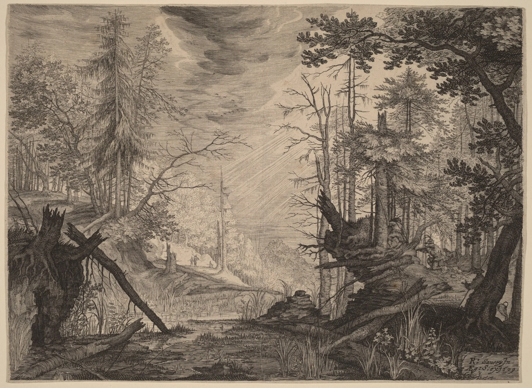 Three Hunters and Two Dogs near a Pool, detail
