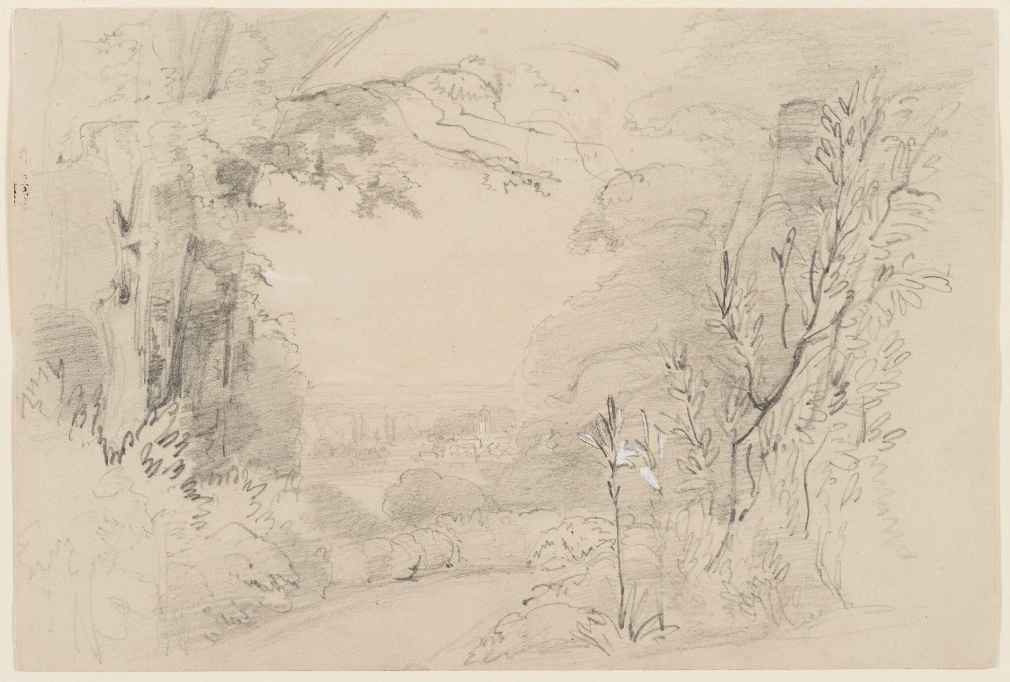 Sketch of landscape with trees, detail