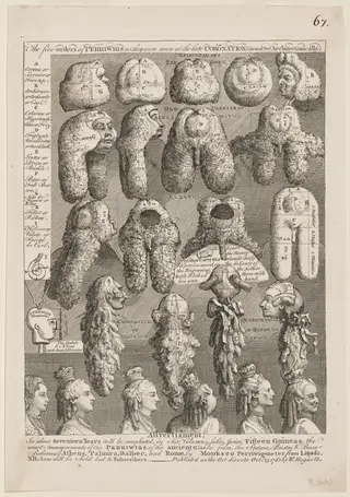 The Five Orders of Perriwigs as They Were Worn at the Late Coronation, Measured Architectonically, by William Hogarth, ink, 1761