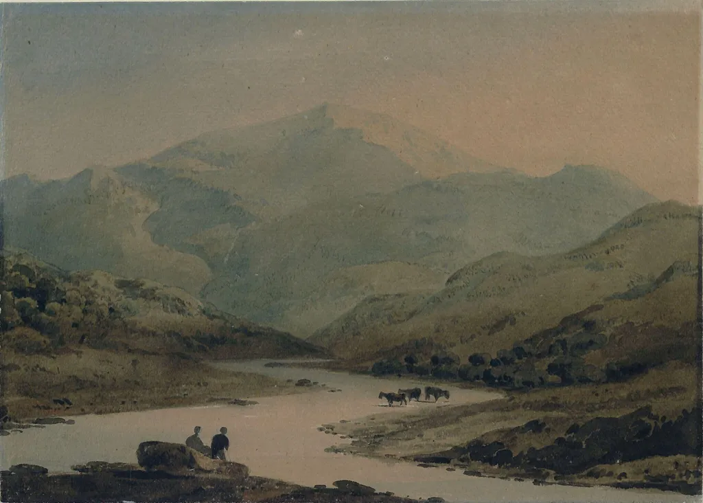 River scene: cattle in shallows, by John Varley, watercolor, 1800