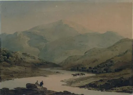 River scene: cattle in shallows, by John Varley, watercolor, 1800