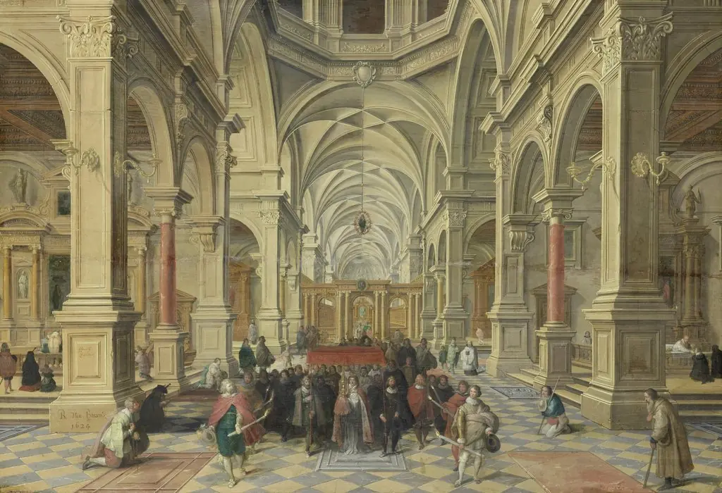 Imaginary church interior with a procession, by Bartholomeus van Bassen, paint, 1624