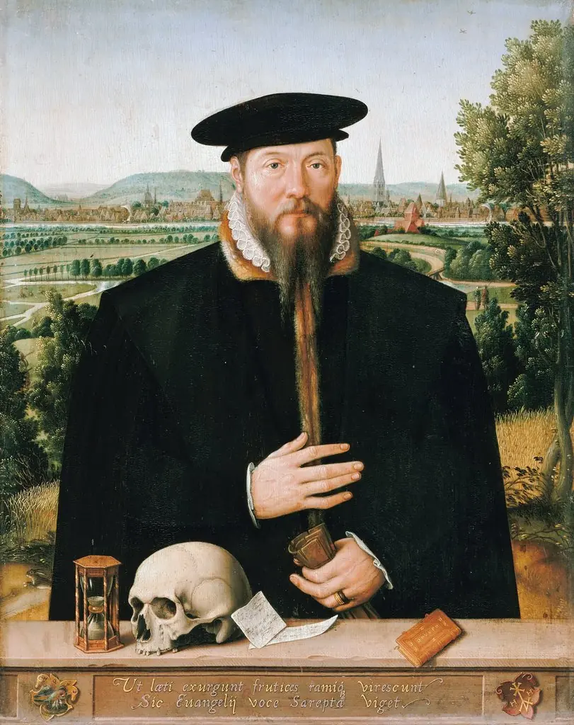 Portrait of Hermann Huddaeus in front of a view of the city of Minden, by Ludger Tom Ring the Younger, paint, 1568