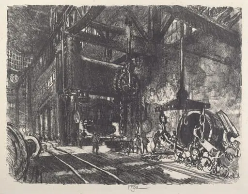 In the Land of Brobdingnag, the Armour Plate Bending Press, by Joseph Pennell, ink, 1917