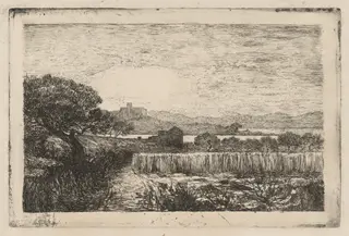 Village Overlooking a Bay, by André-Marie-Paul Borel, ink, 1881