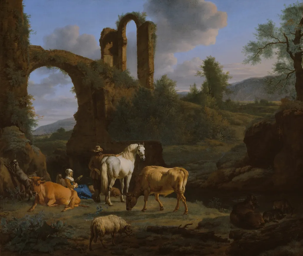 Pastoral Landscape with Ruins, by Adriaen van de Velde, oil, 1664