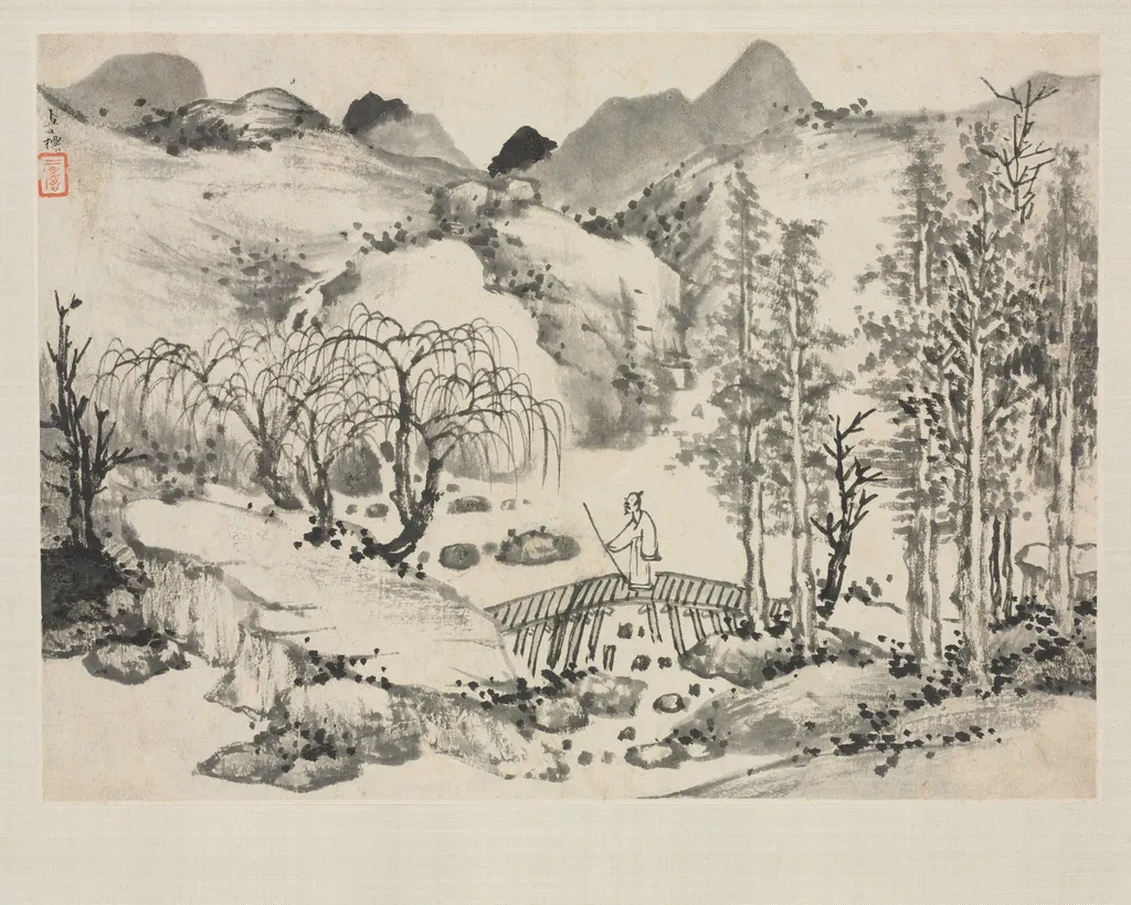 Landscape Album in Various Styles: Landscape with Artist on a Bridge, by Zha Shibiao, unspecified, 1692