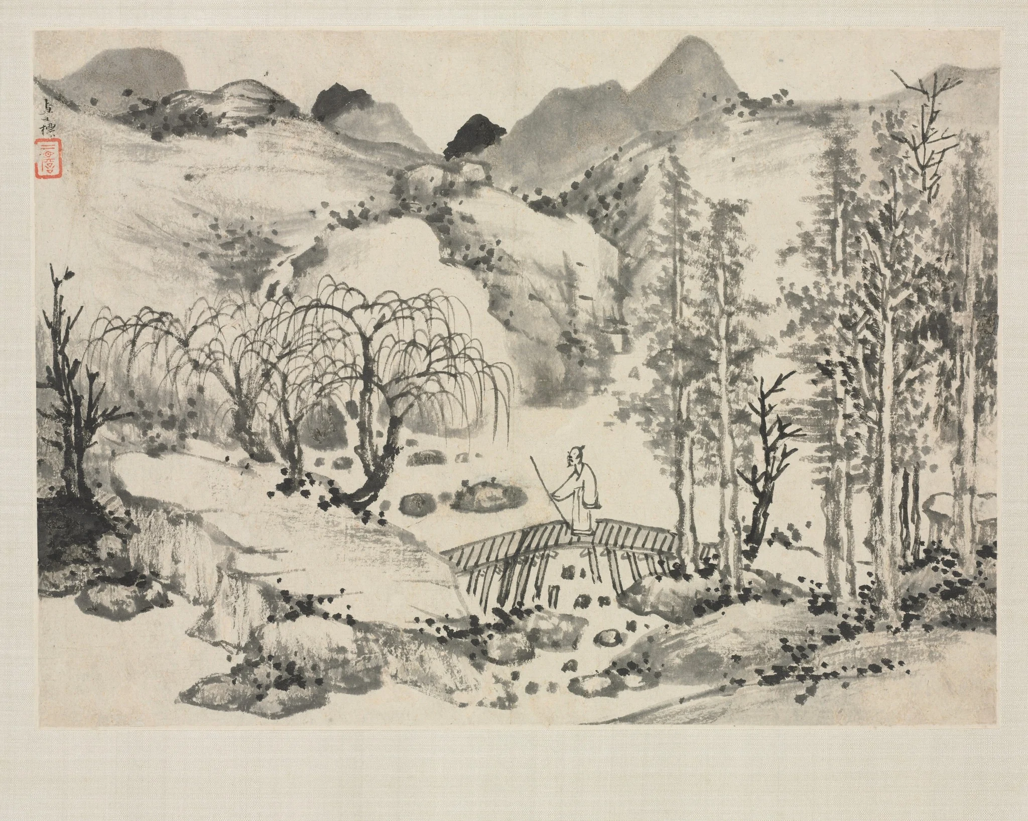 Landscape Album in Various Styles: Landscape with Artist on a Bridge, detail