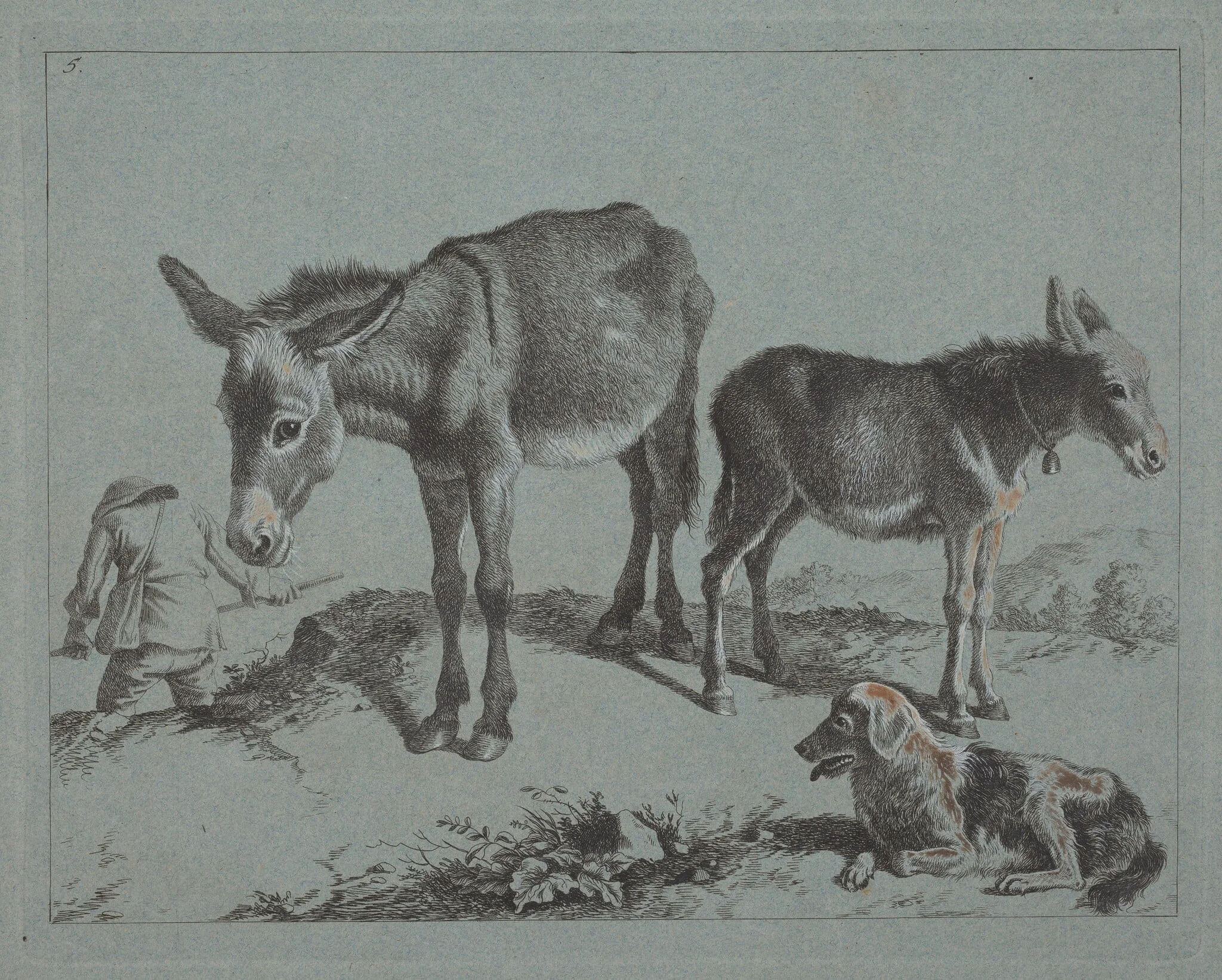 Donkey with her Foal, a Dog, and a Peasant Man, detail