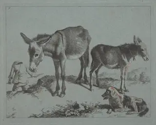 Donkey with her Foal, a Dog, and a Peasant Man, by Francesco Londonio, gouache, 1762