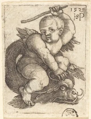 Genius on a Dolphin, Riding to the Right, by Sebald Beham, ink, 1521