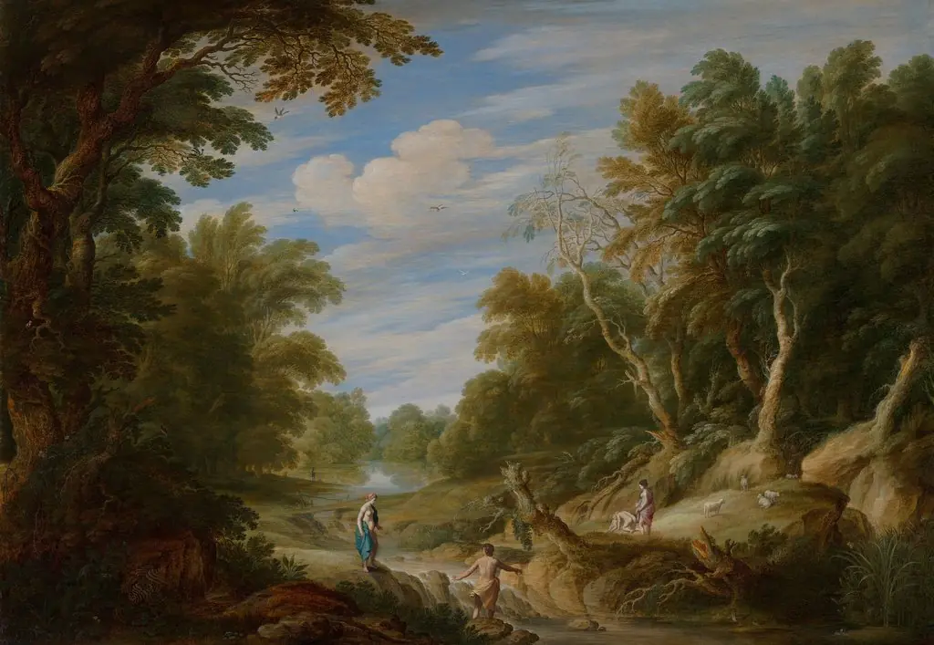 Wooded Landscape with Figures, by Cornelius van Poelenburgh, oil, 1630