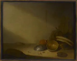 Still life with old dishes, by Pieter Symonsz Potter, oil, 1631