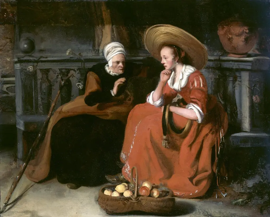 Vertumnus and Pomona, by Nicolaes Maes, oil, 1673