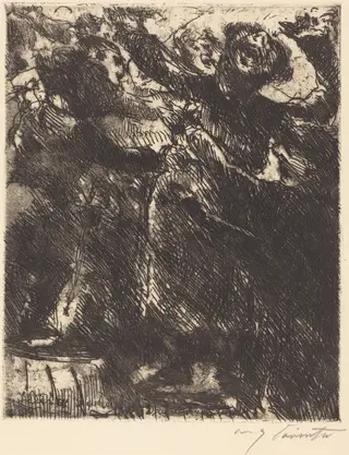 Kapuzinerpredigt—"Hetzt sich lieber herum mit der Dirn'" (The Capuchin's Sermon—"He Prefers to Run Around with a Girl"), by Lovis Corinth, ink, 1923