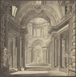 Interior of a Temple, by Pierre Varin, ink, 1750