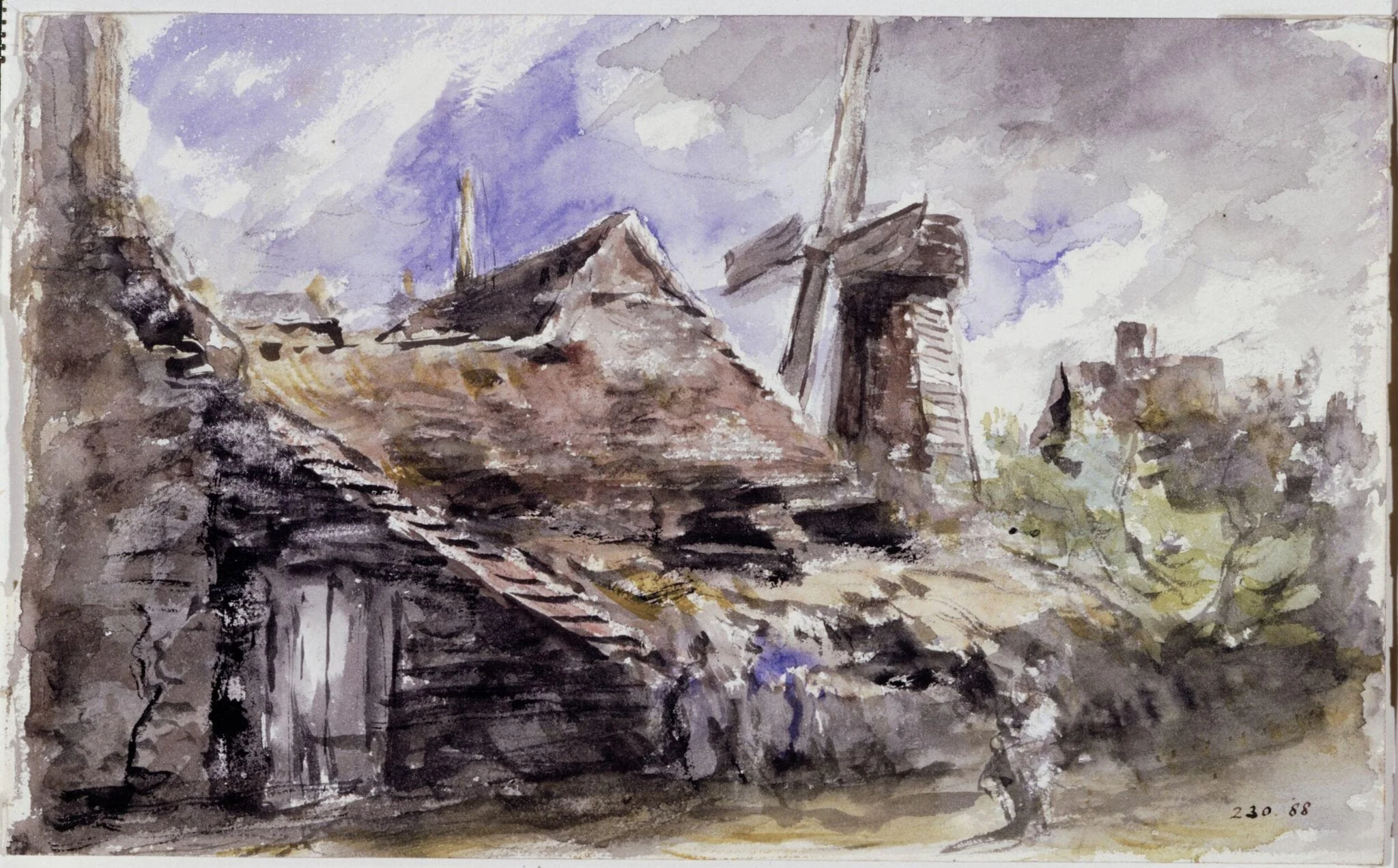 A village street with a shed, cottages and windmill, detail