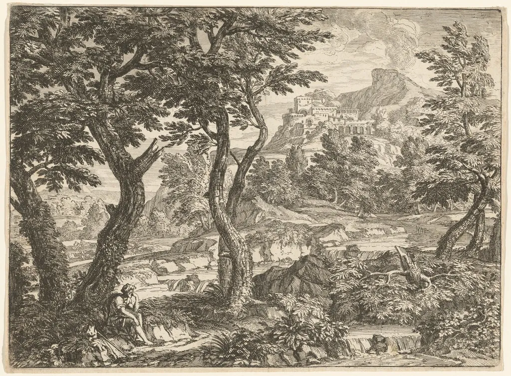 Landscape with a Traveler Resting, by Georges Focus, ink, 1664