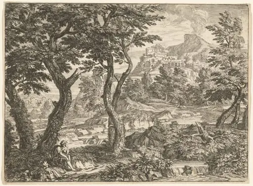 Landscape with a Traveler Resting, by Georges Focus, ink, 1664