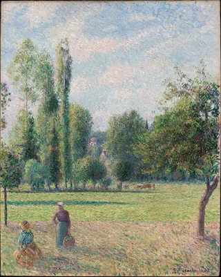 Two Peasant Women in a Meadow (Le Pré), by Camille Pissarro, oil, 1897