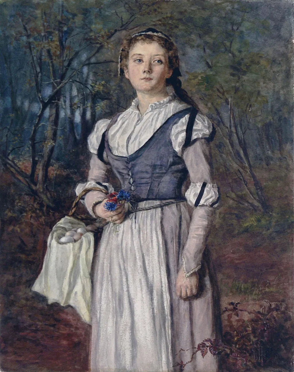 Through the Wood: A Girl with a Basket of Eggs on her Arm, by Ivy Heitland, watercolor, 1892
