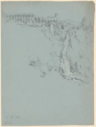 The Waterfall at Tivoli with the Villa of Maecenas, by Ludwig Thiersch, graphite, 1851