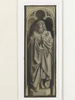 Copy of a detail of the Ghent Altarpiece, St John the Baptist by Hubert and Jan van Eyck in the church of St Bavon, Ghent., by Christian Schultz, watercolor, 1864
