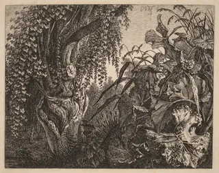A Thicket; a Gnarled Willow Tree at Left, a Thicket of Vegetation at Right, by Carl Wilhelm Kolbe, ink