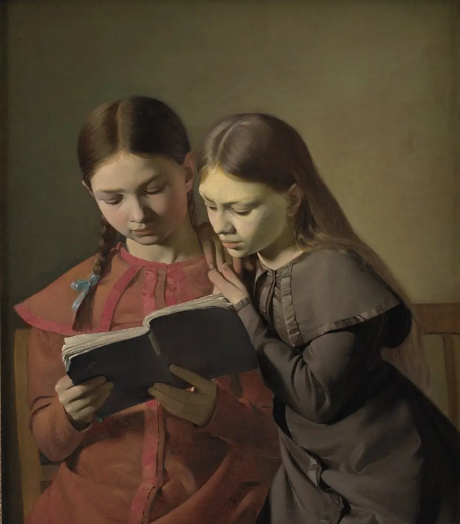 The Artist's Sisters Signe and Henriette Reading a Book, by Constantin Hansen, oil, 1826