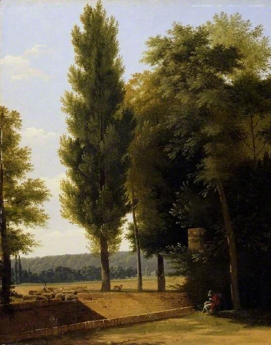 Landscape with sheep and a woman sewing, detail