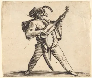The Masked Comedian Playing a Guitar, by Jacques Callot, ink, 1622
