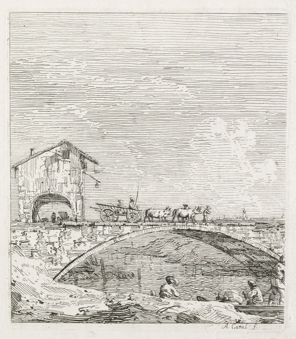 Views:  A Wagon Passing over a Bridge, by Canaletto, 1740