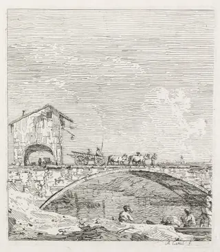 Views:  A Wagon Passing over a Bridge, by Canaletto, 1740