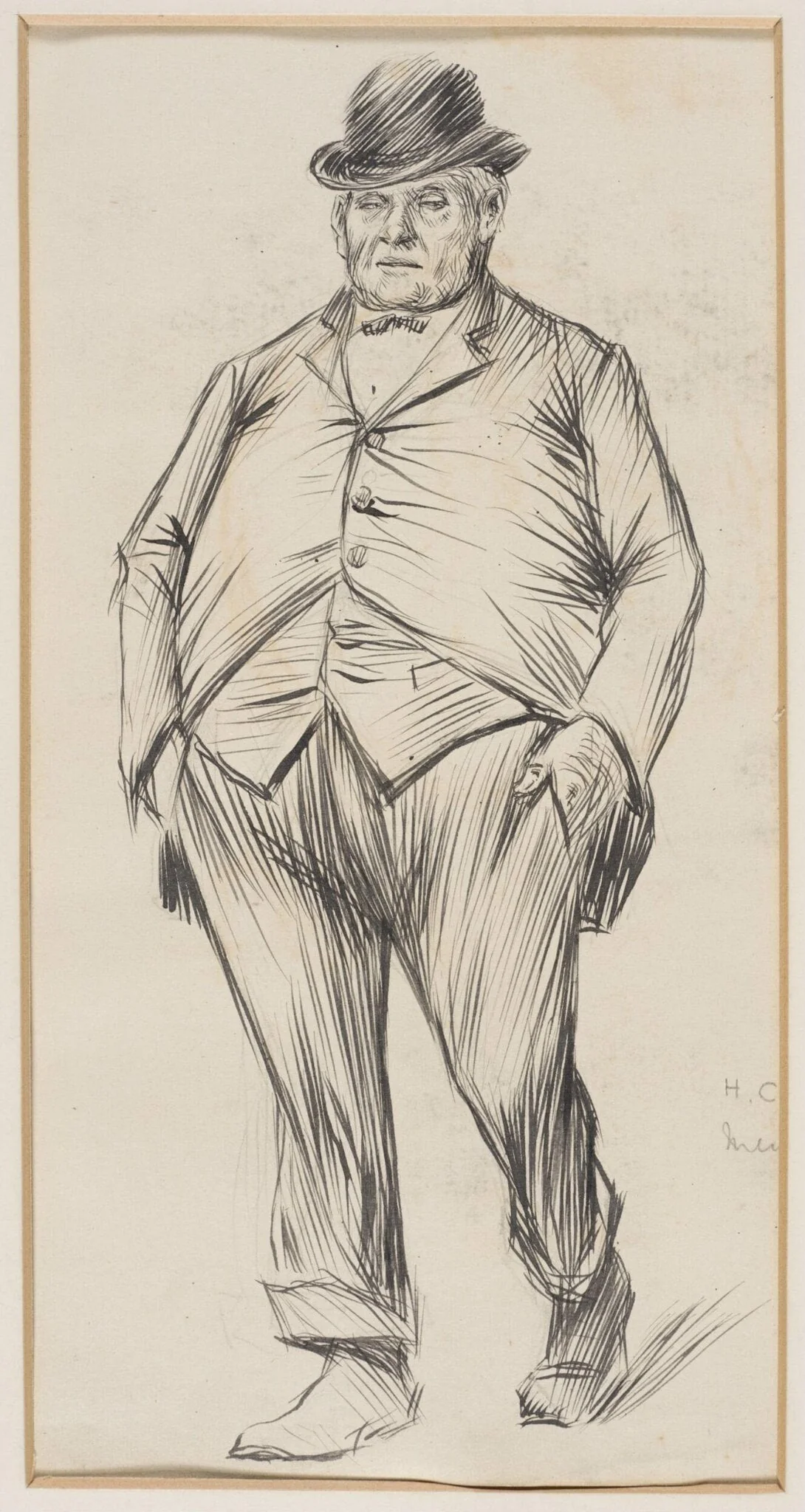 Man wearing a bowler hat, detail