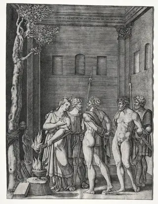 Orestes and Pylades brought to Iphigenia for Sacrifice, by Agostino dei Musi, 1525