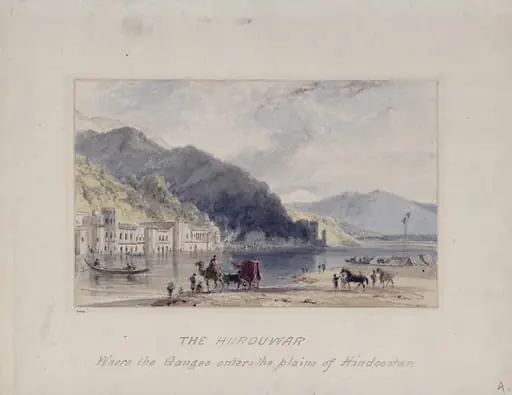 Hurduwar, where the Ganges enters the plains of Hindoostan, by William Daniell, watercolor, 1789