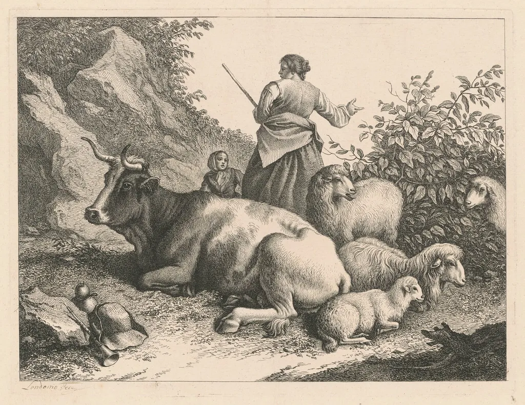 Standing Shepherdess with a Child, by Francesco Londonio, ink, 1776