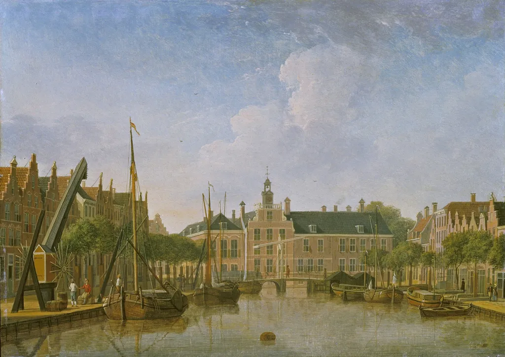The Bierkade and Groenewegje at The Hague seen towards the Spui, by Jan ten Compe, oil, 1760