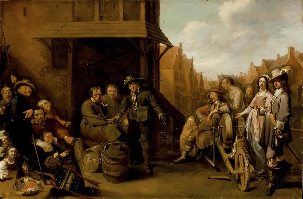 A Street Scene with Knife Grinder and Elegant Couple, by Jacob Duck, oil, 1655