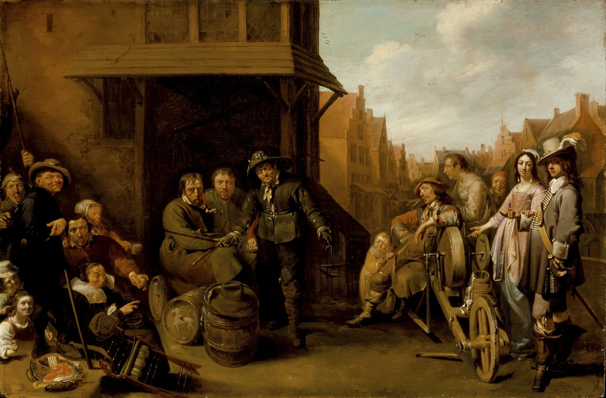 A Street Scene with Knife Grinder and Elegant Couple, detail
